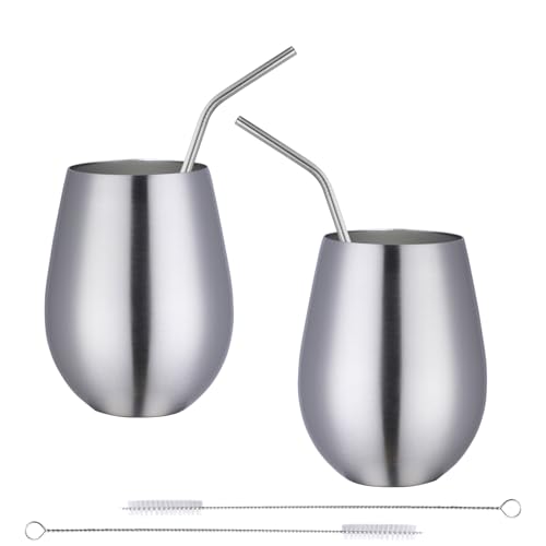 Buyer Star 17 oz Stainless Steel Stemless Wine Glasses Set of 2, with 2 Reusable Straws and 2 Cleaning Brush, stainless steel wine tumbler for the Outdoor, Pool, Camping, Cookouts, Travel (Silver)