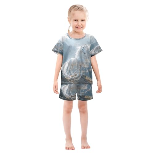 ALAZA White Horse Landscape Mountain Pajamas Set Short Sleeve Cotton Sleepwear Summer Pjs 2 Piece 5-14Y3