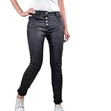 Coole Leder Optik. Jewelly Damen Stretch Fake Leather Hose Kunstleder Boyfriend Cut mit offener Knopfleiste (M, Schwarz)
