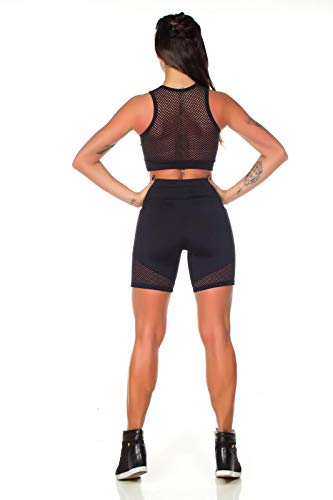 Conjunto Fitness Dily Top e Short Com Tela 1483 + 1416 Tamanho:M;Cor:Preto;Gênero:Mulher