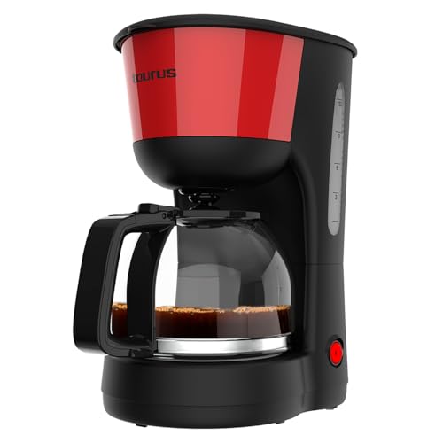 Taurus – Cafetera de Goteo Verona Vintage Red, 12 Tazas, 1000W, Jarra Cristal graduada, Depósito Agua Visible, Filtro Reutilizable, Auto Apagado, Placa calefactora