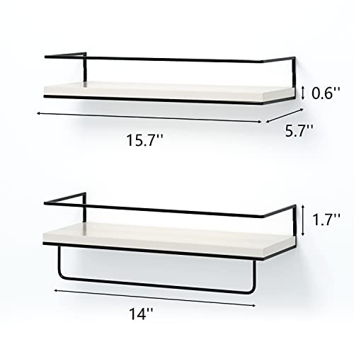Image of Shario - Set of 2 Floating Shelves with Black Towel Bar Wall Hanging Decorative Storage Shelves for Bathroom, Kitchen, Living Room and Bedroom (Modern White)