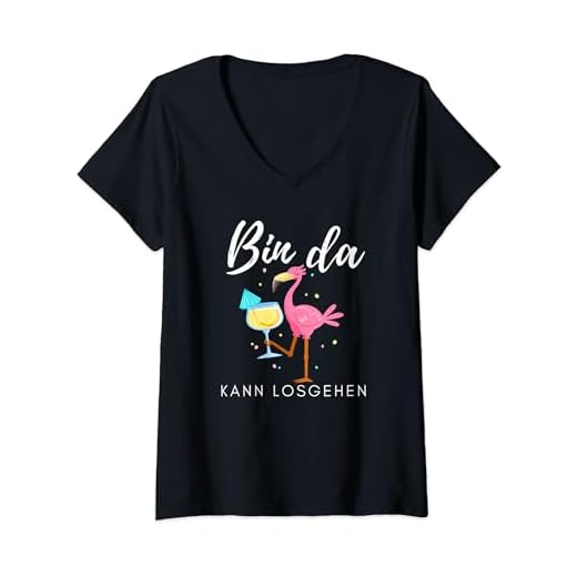 Damen Bin da kann losgehen Flamingo mit Sekt T-Shirt mit V-Ausschnitt