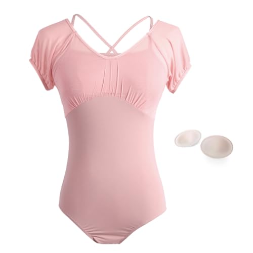 [Ava Ava] 【Ballet&Me】大人用 バレエ レオタード 半袖 レディース バレエウェア 胸ポケット＋ブラカップ付 吸汗速乾 細見え おしゃれ かわいい レッスン着 新体操 ダンス 発表会 ピンク L - Ava Ava - 商品画像