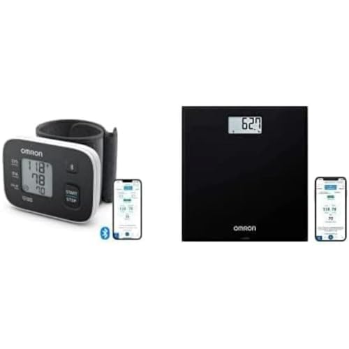 OMRON Tensiómetro RS3 Intelli IT de muñeca con Bluetooth, compatible con dispositivos iOs y Android+ OMRON HN300T2 Intelli IT Báscula digitale con Bluetooth y aplicación para smartphone