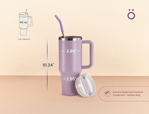 Image of KooK Stainless Steel Tumbler, with Straw and Handle, Leakproof, Vacuum Insulated Travel Coffee Mug, Reusable Double Walled Water Bottle, Keeps Hot or Cold, 40 oz, Lilac