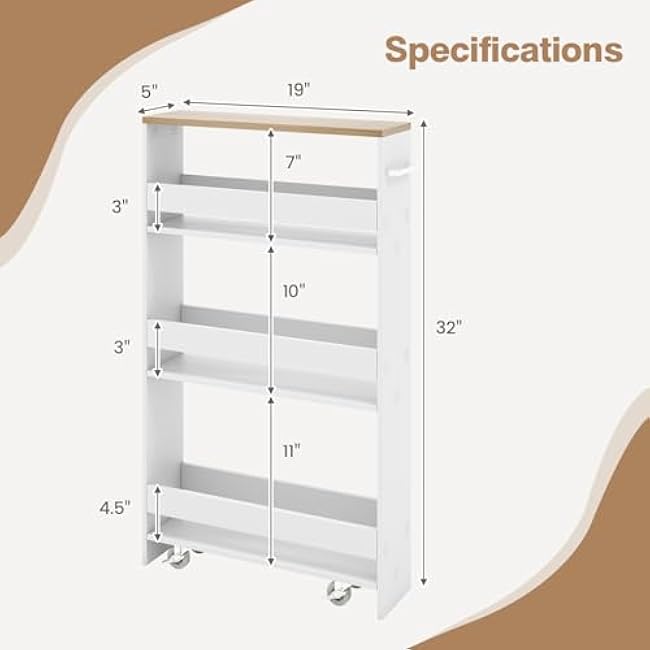 LOKO 4-Tier Slim Storage Cart, Kitchen Utility Cart on Wheels with Handle & Open Shelves, Narrow Rolling Storage Cart, for Kitchen, Bathroom, Laundry, Small Places (White & Natural)-R0ZWB1tY
