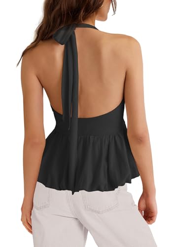 SENSERISE Womens Halter Tops Bubble V Neck Tops Sleeveless Blouses Casual Sexy Shirts Tie Backless Shirt3