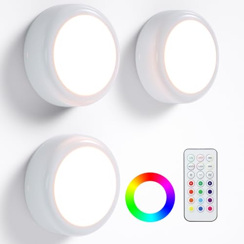 Image of LED Puck Lights with Remote Control, Under Cabinet Lighting Stick on Tap /Push Lights, Battery Operated Closet Lights, Wireless Led Wall Light for Bedroom, Under Counter Light for Kitchen,3 Pack