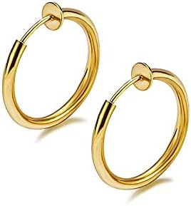 Gold Clip On Spring Hoop Earrings for Women - 14K Chunky Non Pierced Earring Plated Hoops Drop Dangle Earrings No Piercing Jewelry