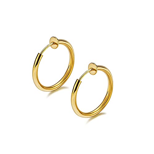 Gold Clip On Spring Hoop Earrings for Women - 14K Chunky Non Pierced Earring Plated Hoops Drop Dangle Earrings No Piercing Jewelry