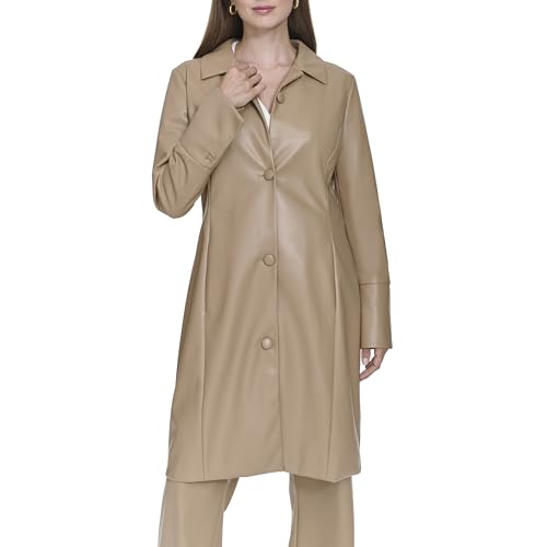 Halston Women's Vegan Leather Tan Trench Coat, Camel, 10