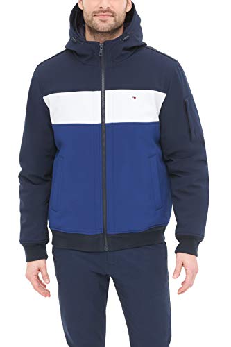 Image of Tommy Hilfiger Men's Soft Shell Fashion Bomber With Contrast Bib and Hood