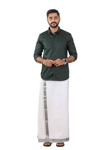 Image of RAMRAJ COTTON Men Premium Cotton Full Sleeves Shirt and Fancy Border Dhoti Set Luxe Set