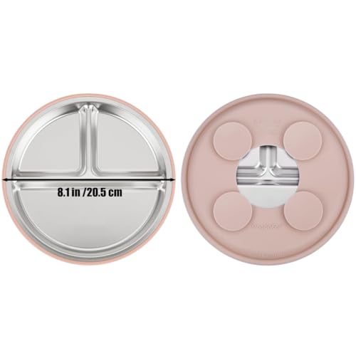 Image of PandaEar 6-in-1 Stainless Steel Baby Feeding Set | Divided Plate with Suction Cup, Bowl, Cup with Straw, Bib, Spoon and Fork | BPA-Free Self-Weaning Accessories (Pink)