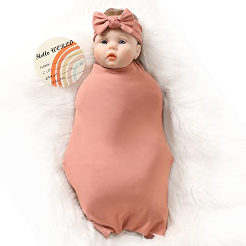Bayceen Stretchy Swaddle Blanket for Newborns Baby Girl Swaddle and Headband Set Receiving Blanket 35 x 35 inches Swaddle Set (Blush)