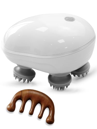 Massaggiatore elettrico per la testa con lampada termica a infrarossi + pettine per massaggi in legno, asciutto e bagnato (IPX7), durata della batteria 10 minuti (ricaricabile – cavo di ricarica