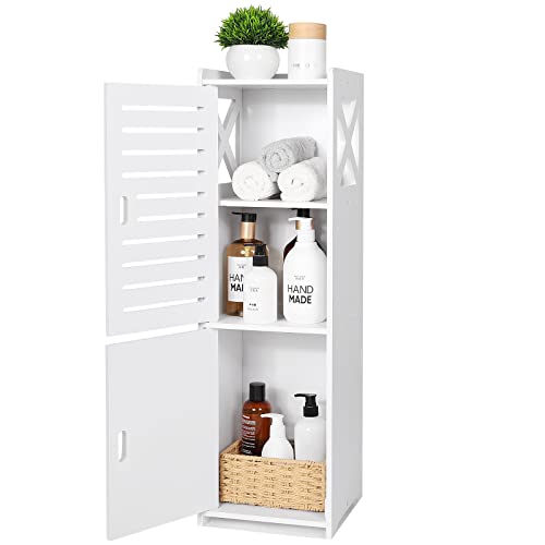 MOBPMO Bathroom Floor Cabinet Freestanding Double Door 3-Tier Side Storage