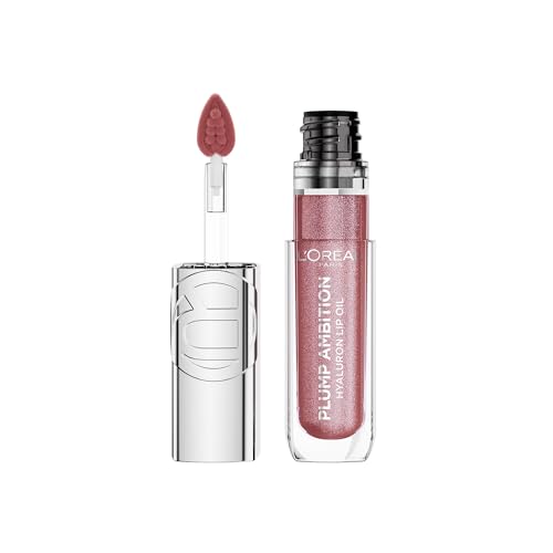 L'Oreal Paris Plump Ambition Hyaluron Lip Oil Shimmer, 24 HR Lip Gloss with Hyaluronic Acid, Volumizing Formula with Glass-Like Shine, Rosewood Lights, 0.16 fl oz