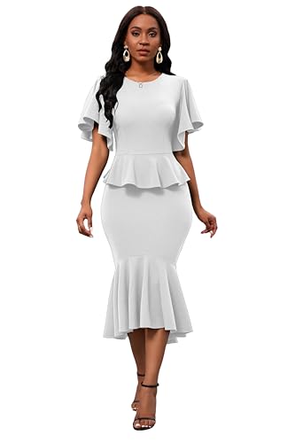 Image of Womens Summer Ruffle Short Sleeve Fishtail Dress Evening Cocktail Formal Peplum Midi Mermaid Dresses Elegant