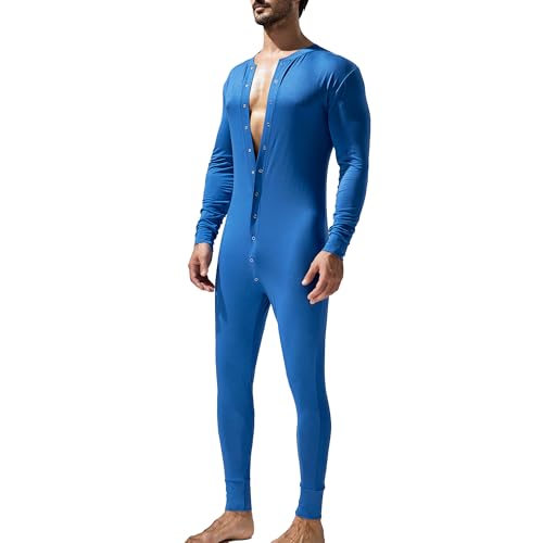 YOOBNG Men's Cotton Thermal Underwear Union Suits Full Button Onesies Bodysuit Nightwear, Vivid Blue, l