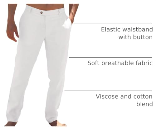 Image of Runcati Mens Casual Pants Elastic Waist Linen Dress Lightweight Straight-Legs Loose Fit Summer Beach Yoga Trousers