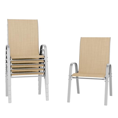 Image of Amopatio Patio Chairs Set of 6, Stackable Outdoor Dining Chairs for All Weather, Silver Frame Outdoor Chair Garden Furniture for Backyard Deck(Beige)