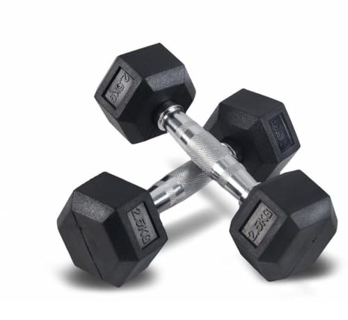 Image of Hex Dumbbells, Pair of 2, Rubber Coated Cast Iron, Steel Handle with Textured Grip, Strength Training (HEX DUMBBELLS 2.5 KG PAIR)