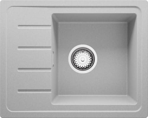 PRIMAGRAN Evier Cuisine en Granit Gris 55x44cm, Lavabo 1 bac + Kit de Vidage, Évier à Encastrer au Meuble 45cm - Copenhague Easy S005