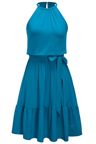 Newshows Women's 2026 Summer Dress Halter Casual Beach Vacation Outfits Hawaiian Dresses Ruffle Belted Sundress with Pockets(Lake Blue, M)