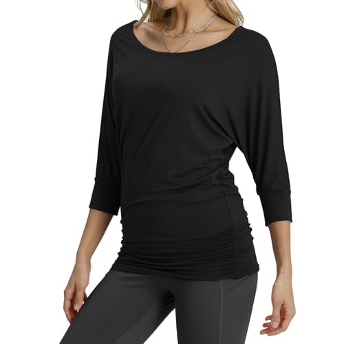 Match Women's Solid 3/4 Sleeve Crewneck T-Shirts Tops with Side Shirring