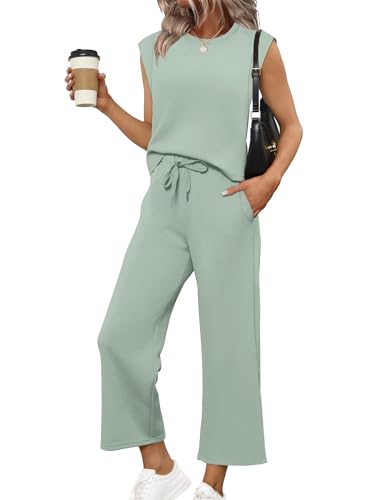 Image of SAMPEEL Two Piece Sets for Women Casual Travel Vacation Outfits Summer Wide Leg Crop Pants Lounge Sets
