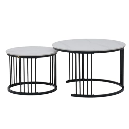 Image of Royaloak Genting Malaysian Round Sintered Top Coffee Table Set of 2 | Nesting Coffee Table for Living Room with Modern Nested Design, Glossy Surface, Powder-Coated Metal Frame & Vertical Bar Support