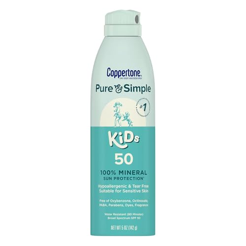 Coppertone Pure and Simple Kids Sunscreen Spray SPF 50, Zinc Oxide Mineral Sunscreen for Sensitive Skin, Hypoallergenic and Tear Free, 5 Oz Can