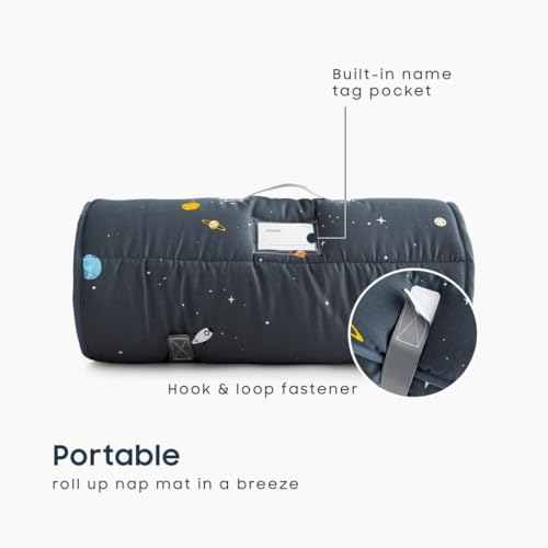 wake in cloud - toddler nap mat with pillow and blanket 100 cotton fabric for kids boys girls ages 3 plus in daycare kindergarten preschool roll up sleeping bag gray spaces standard