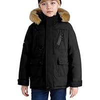 SEAUR Windproof Parka Jacket Kids Thermal Coat Winter Outdoor Wear Boys Quilted Jacket Black Hooded Padded 13-14 Years