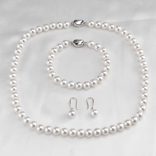 Aoovoo Pearl Necklace Set For Women Girls, 8Mm Round Shell Pearl Includes Stunning Bracelet And Dangle Earrings 3 Piece Jewelry, Birthday Valentines Day Gift For Mom Wife Sister Best Friend, Gift Box #TOP3