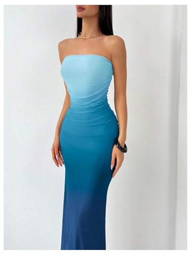 Image of GORGLITTER Women's Sunset Ombre Strapless Cocktail Bridal Shower Midi Dress | Orange Wedding Guest Dress, Mesh Tube Dress, Bridesmaid Dresses, Vacation Beach Sundresses,