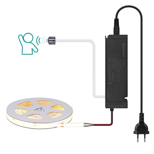 lichtvoll Striscia LED COB da 5 m, luce bianca calda, con sensore di movimento e alimentatore da 60 W, striscia LED da 5 m, per pannelli acustici, striscia luminosa da cucina