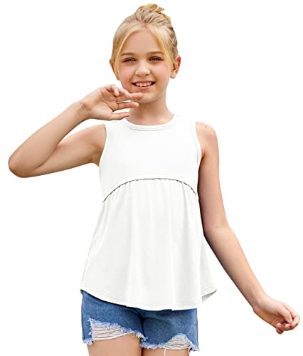 Fashare Girls Tank Top Summer Sleeveless T Shirt Ruffle Peplum Flowy Crewneck Casual Cute Tee Blouse Age 5-13 White #TOP27