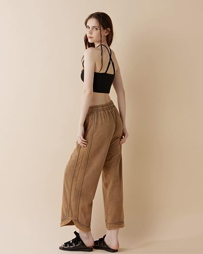 noflik Women's Skin-Friendly Cotton Elastic High Waisted Drawstring Wide Leg Fray Hem Sweatpants4