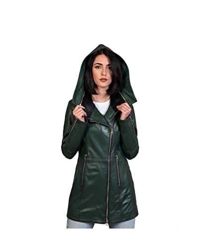 Pelletterie Borghese | Cappottino Pelle Donna Verde | Giacca Pelle | Giubbotto Pelle | Cappuccio Staccabile | Vera Pelle | Pelle di Vitello | Made in Italy | A189C (Verde, 40)