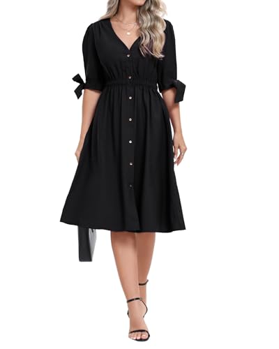 Image of Women Linen Rayon Blend Midi V Neck Button Front Elastic Waist Puff Sleeve Tie Casual Summer Dress