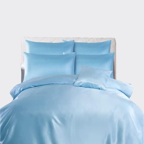 CHARKHAH Satin Silk 6 Piece Complete Bedding Set Durable Silky Fabric with Single Double King Size Bed Fitted Sheet Duvet Cover Comforter and 4 Pillow Cases (King, Blue)