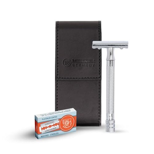 MERKUR 5005   Juego de afeitado de viaje con maquinilla de afeitar MERKUR 23C de tres piezas con mango largo y acabado cromado brillante, 10 cuchillas de doble filo y funda de cuero negro | Fabricado