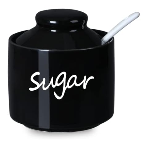 ONTUBE Ceramic Sugar Bowl with Lid and Spoon,Porcelain Sugar Pot,8oz (Black) Cover