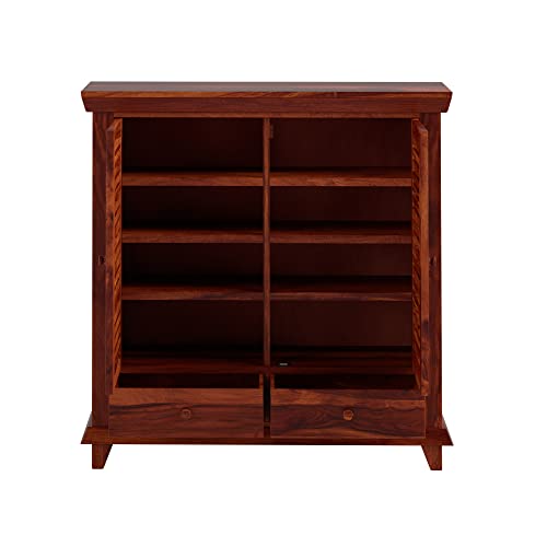 Image of Amazon Brand - Solimo Deimo Solid Sheesham Wood Shoe Rack | Wooden Footwear Organizer with 8 Shelves & 2 Drawers Shoe Cabinet for Home (Honey Finish)