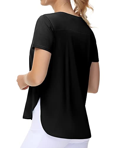 THE GYM PEOPLE Women's Workout T-Shirts Loose Fit Short Sleeve Cotton Running Basic Tee Tops with Split Hem