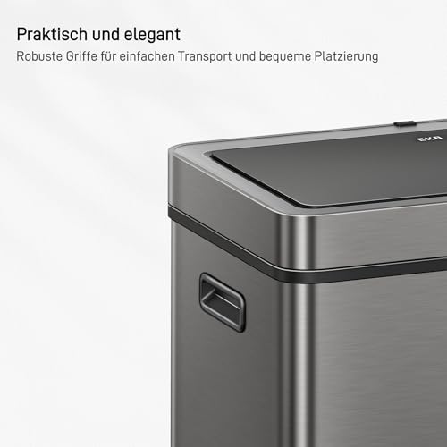 Image of EKO Mirage Plus 3-Compartment Recycling System, 2 x 15 Litre and 30 Litre, Recycling Bin with Sensor, 3 Inner Plastic Buckets, Automatic Bin with Lid, Large Bin