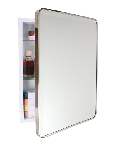 Image of 16x20 Austin Farmhouse Metal Framed Rounded Rectangle Recessed Bathroom Medicine Cabinet, Beveled Mirror, 14x18 in-Wall Opening, powder-coated Steel, Adjustable Glass Shelves, Magnet Close, Chrome